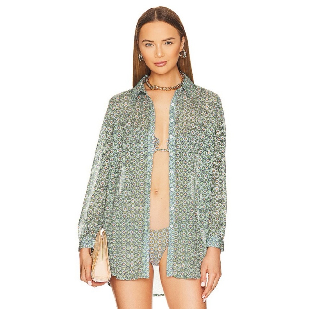 NWT Lovers + Friends Marina Del Rey Shirt in Green Spanish Tile